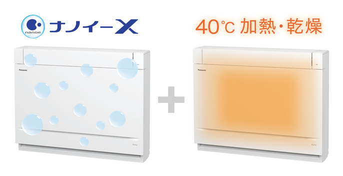 ナノイーXのエフェクトがついた本体と加熱・乾燥している本体の2つが並んでいる。