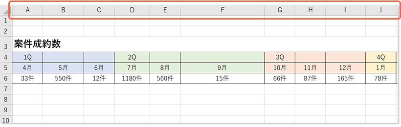 調整したい列や行を選択