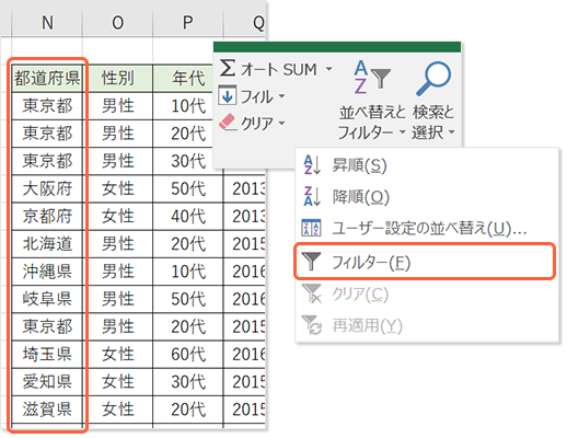 都道府県の列を選択し、フィルター