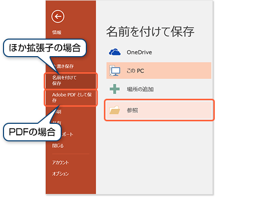 ほかの拡張子の場合、「名前を付けて保存：。PDFの場合、「Adobe PDFとして保存」