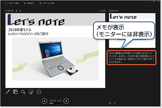 メモが表示（モニターには非表示）
