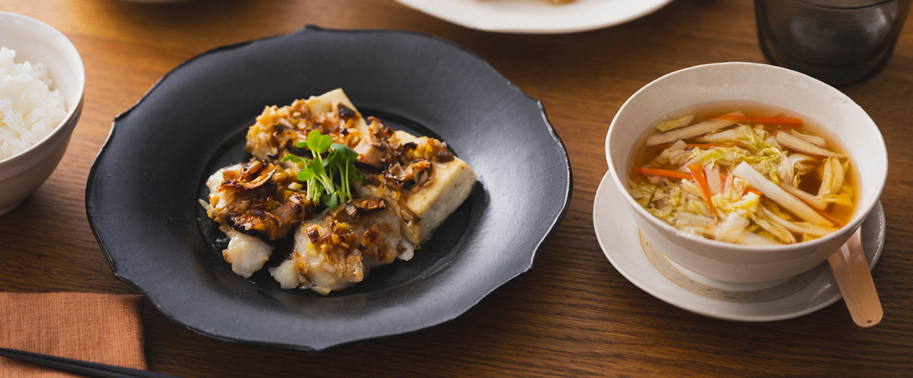 たらと豆腐のザーサイ中華だれ＆白菜とにんじんのスープ