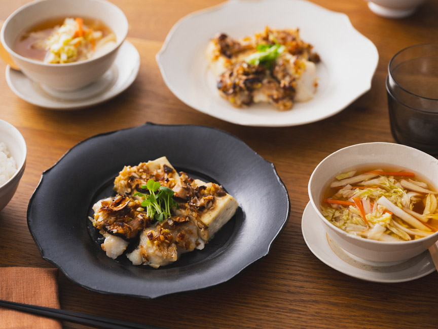 たらと豆腐のザーサイ中華だれ＆白菜とにんじんのスープ
