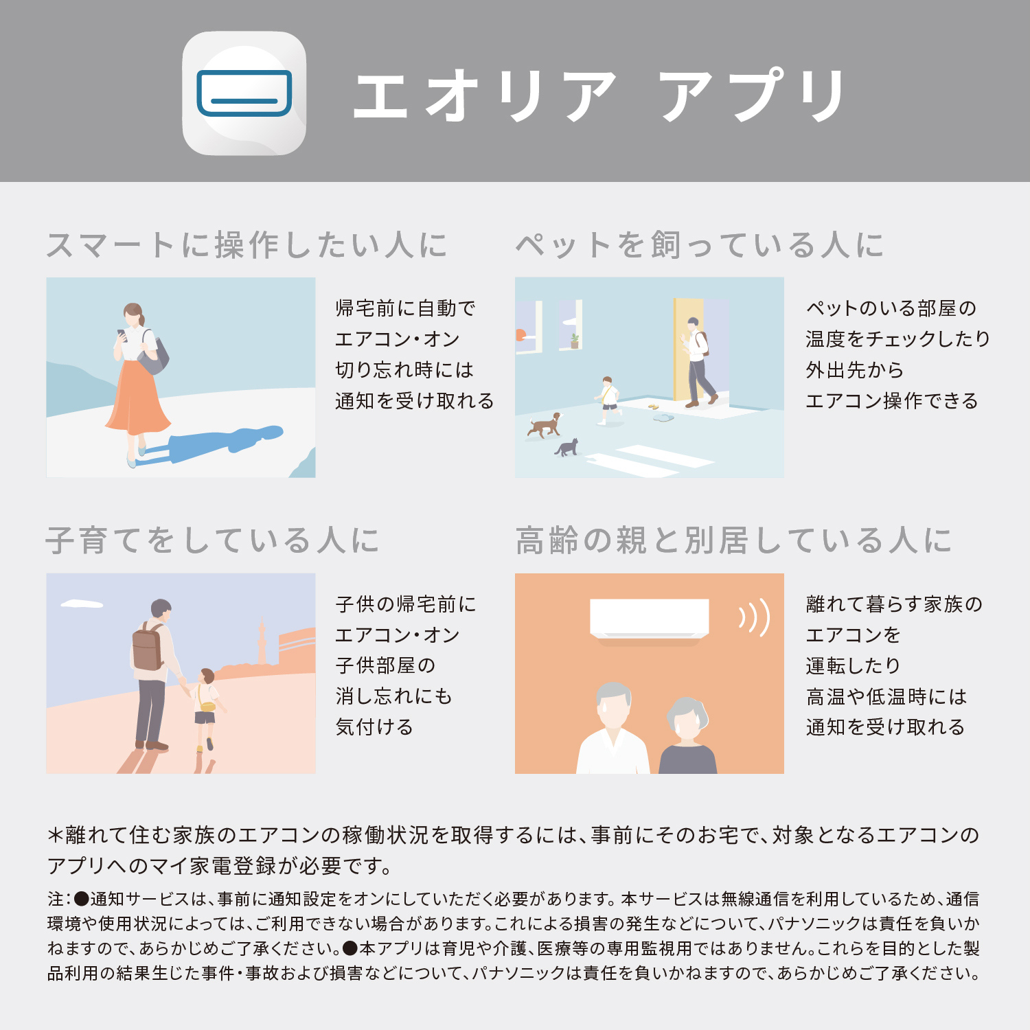 エオリア アプリ スマートに操作したい人に ペットを飼っている人に 子育てをしている人に 高齢の親と別居している人に