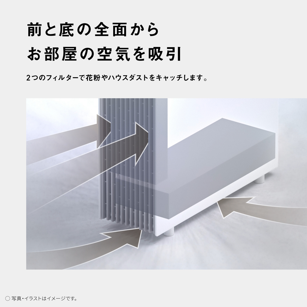 前と底の全面から お部屋の空気を吸引 2つのフィルターで花粉やハウスダストをキャッチします。 ○ 写真・イラストはイメージです。