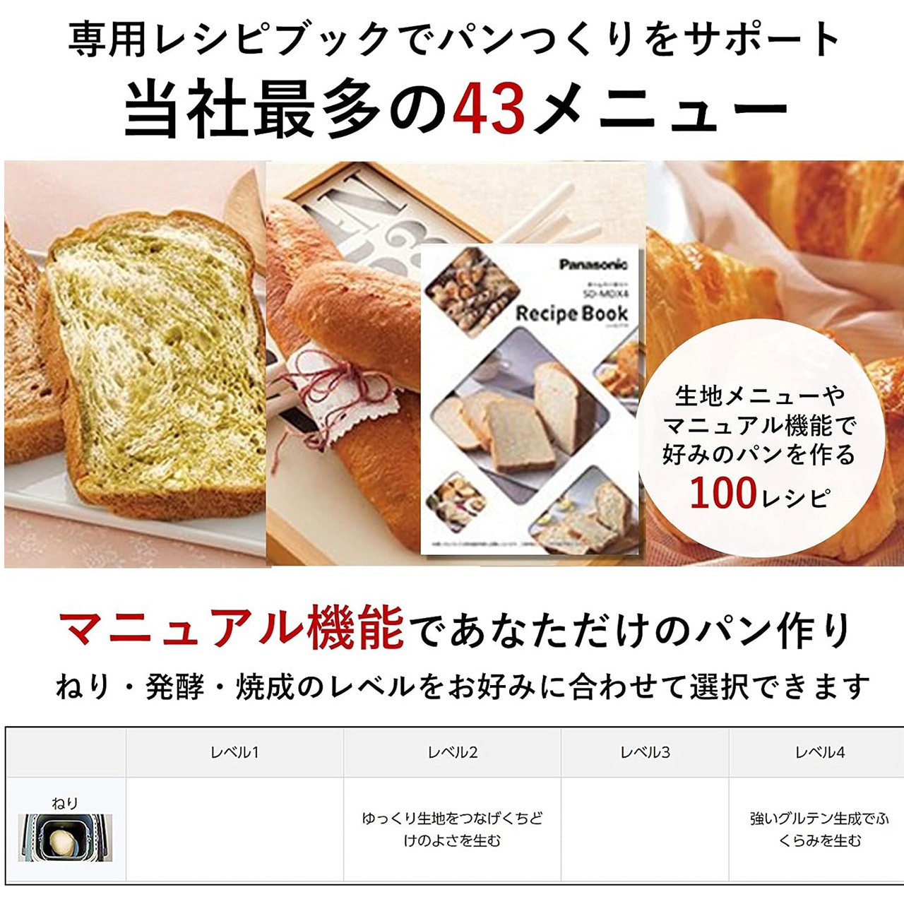 専用レシピブックでパンづくりをサポート 当社最多の43メニュー。生地メニューやマニュアル機能で好みのパンを作る100レシピ。マニュアル機能であなただけのパン作り ねり・発酵・焼成のレベルをお好みに合わせて選択できます。レベル2：ゆっくり生地をつなげくちどけのよさを生む。レベル4：強いグルテン生地でふっくら感を生む。