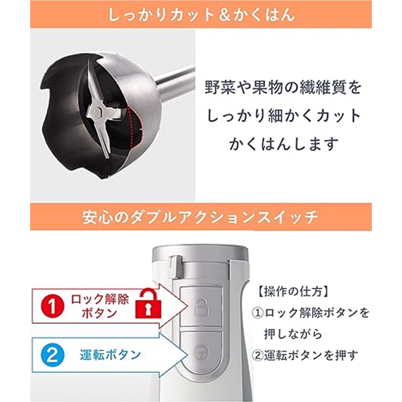 しっかりカット＆かくはん：野菜や果物の繊維質をしっかり細かくカットかくはんします。安心のダブルアクションスイッチ：【操作の仕方】①ロック解除ボタンを押しながら②運転ボタンを押す