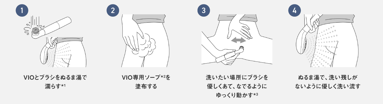 1. VIOとブラシをぬるま湯で濡らす 2.VIO専用ソープを塗布する 3.洗いたい場所にブラシを優しくあて、なでるようにゆっくり動かす 4.ぬるま湯で、洗い残しがないように優しく洗い流す