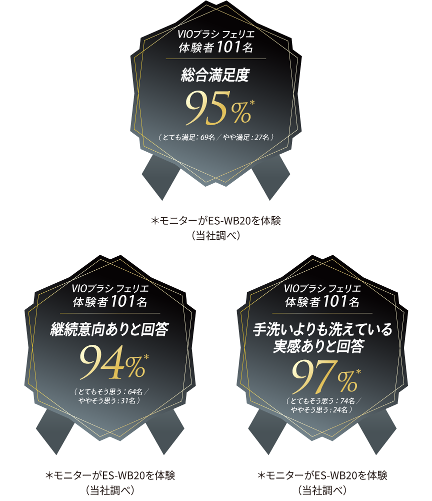 VIOブラシ フェリエ体験者101名：総合満足度95%（とても満足 69名／やや満足 27名）、継続意向ありと回答 94%（とてもそう思う 64名／ややそう思う 31名）、手洗いよりも洗えている実感ありと回答 97%（とてもそう思う 74名／ややそう思う 24名）