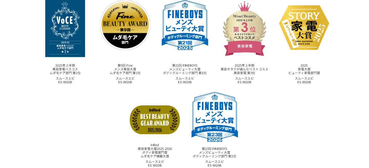 VoCE 2025 SS 美容家電ベスコスムダ毛ケア部門第1位,  Fine BEAUTY AWARD 第9回 ムダ毛ケア部門,FINEBOYS第21回2025メンズビューティ大賞 ボディグルーミング部門 第1位 , Mimi Beauty 2025年上半期第3位美容オタクが選んだベストコスメ,STORY 2025家電大賞 ビューティ家電部門賞 , InRed BEST BEAUTY GEAR AWARD 2026年通年 ムダ毛ケア大賞 光エステ スムースエピ パワー＆クール ES-WG0B , FINEBOYSメンズビューティ大賞 第23回2026 ボディグルーミング部門 第1位 