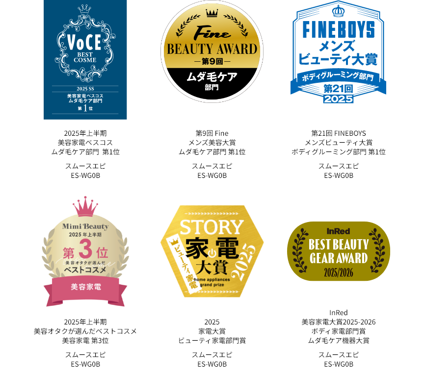 VoCE 2025 SS 美容家電ベスコスムダ毛ケア部門第1位, Fine BEAUTY AWARD 第9回 ムダ毛ケア部門,FINEBOYSメンズビューティ大賞 ボディグルーミング部門 第21回2025,Mimi Beauty 2025年上半期第3位美容オタクが選んだベストコスメ,STORY 2025家電大賞 ビューティ家電部門賞 ,InRed BEST BEAUTY GEAR AWARD 2026年通年 ムダ毛ケア大賞 光エステ スムースエピ パワー＆クール ES-WG0B 
