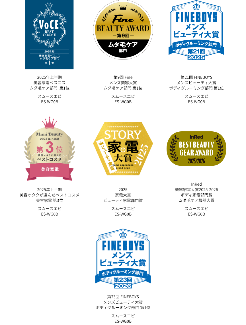 VoCE 2025 SS 美容家電ベスコスムダ毛ケア部門第1位,  Fine BEAUTY AWARD 第9回 ムダ毛ケア部門,FINEBOYS第21回2025メンズビューティ大賞 ボディグルーミング部門 第1位 , Mimi Beauty 2025年上半期第3位美容オタクが選んだベストコスメ,STORY 2025家電大賞 ビューティ家電部門賞 , InRed BEST BEAUTY GEAR AWARD 2026年通年 ムダ毛ケア大賞 光エステ スムースエピ パワー＆クール ES-WG0B , FINEBOYSメンズビューティ大賞 第23回2026 ボディグルーミング部門 第1位 