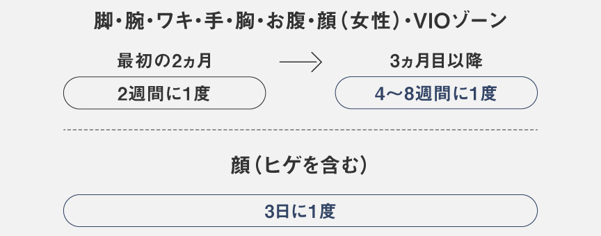 脚・腕・ワキ・手・胸・おなか・顔（女性）・VIOゾーンは最初の2ヵ月は2週間に1度,→,3ヵ月目以降は4～8週間に1度。顔（ヒゲを含む）は3日に1度。