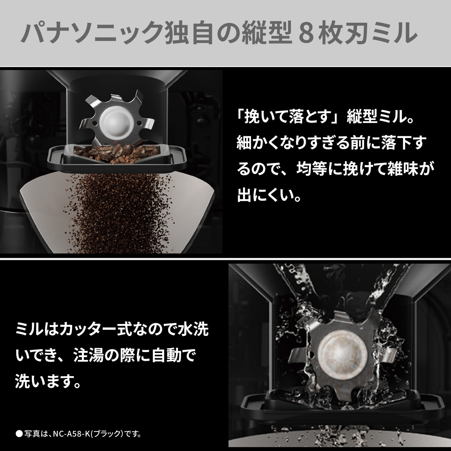 パナソニック独自の縦型８枚刃ミル。「挽いて落とす」縦型ミル。細かくなりすぎる前に落下するので、均等に挽けて雑味が出にくい。ミルはカッター式なので水洗いでき、注湯の際に自動で洗います。●写真は、NC-A58-K（ブラック）です。