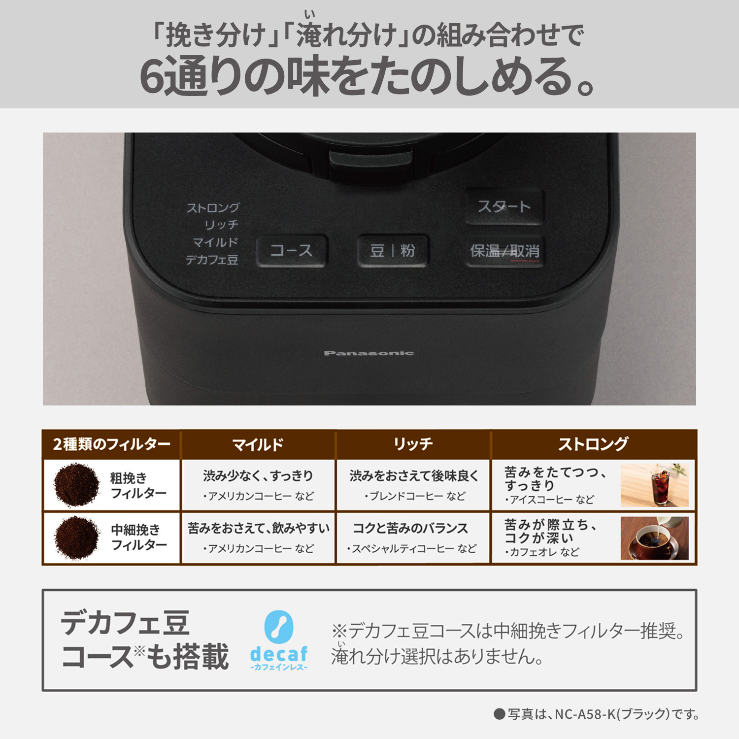 「挽き分け」「淹れ分け」の組み合わせで6通りの味をたのしめる。粗びきフィルター・中細挽きフィルターの2種のフィルターでそれぞれマイルド・リッチ・ストロングの淹れ分けが楽しめます。デカフェ豆コースも搭載 デカフェ豆コースは中細挽きフィルター推奨。淹れ分け選択はありません。●写真は、NC-A58-K（ブラック）です。