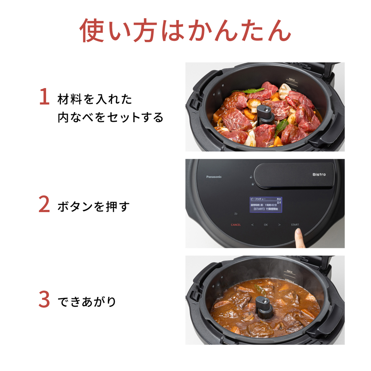 使い方はかんたん 1：材料を入れた内なべをセットする。2：ボタンを押す。3：できあがり。