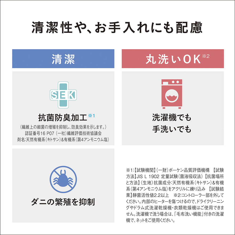清潔性や、お手入れにも配慮　清潔　抗菌防臭加工※1(繊維上の細菌の増殖を抑制し、防臭効果を示します。) 認証番号16P07(一社)繊維評価技術協議会 剤名：天然有機系(キトサン)&有機系(第4アンモニウム塩)　ダニの繁殖を抑制　丸洗いOK※2　洗濯機でも 手洗いでも　※1：【試験機関】(一財)ボーケン品質評価機構【試験方法】JIS L 1902 定量試験(菌液吸収法)【抗菌場所と方法】<生地>抗菌成分：天然系有機系(キトサン)&有機系(第4アンモニウム塩)をアクリルに練り込み【試験結果】静菌活性値2.2以上　※2：コントローラー部を外してください。内部のヒーターを傷つけるので、ドライクリーニングやドラム式洗濯乾燥機・衣類乾燥機はご使用できません。洗濯機で洗う場合は、「毛布洗い機能」付きの洗濯機で、ネットをご使用ください。