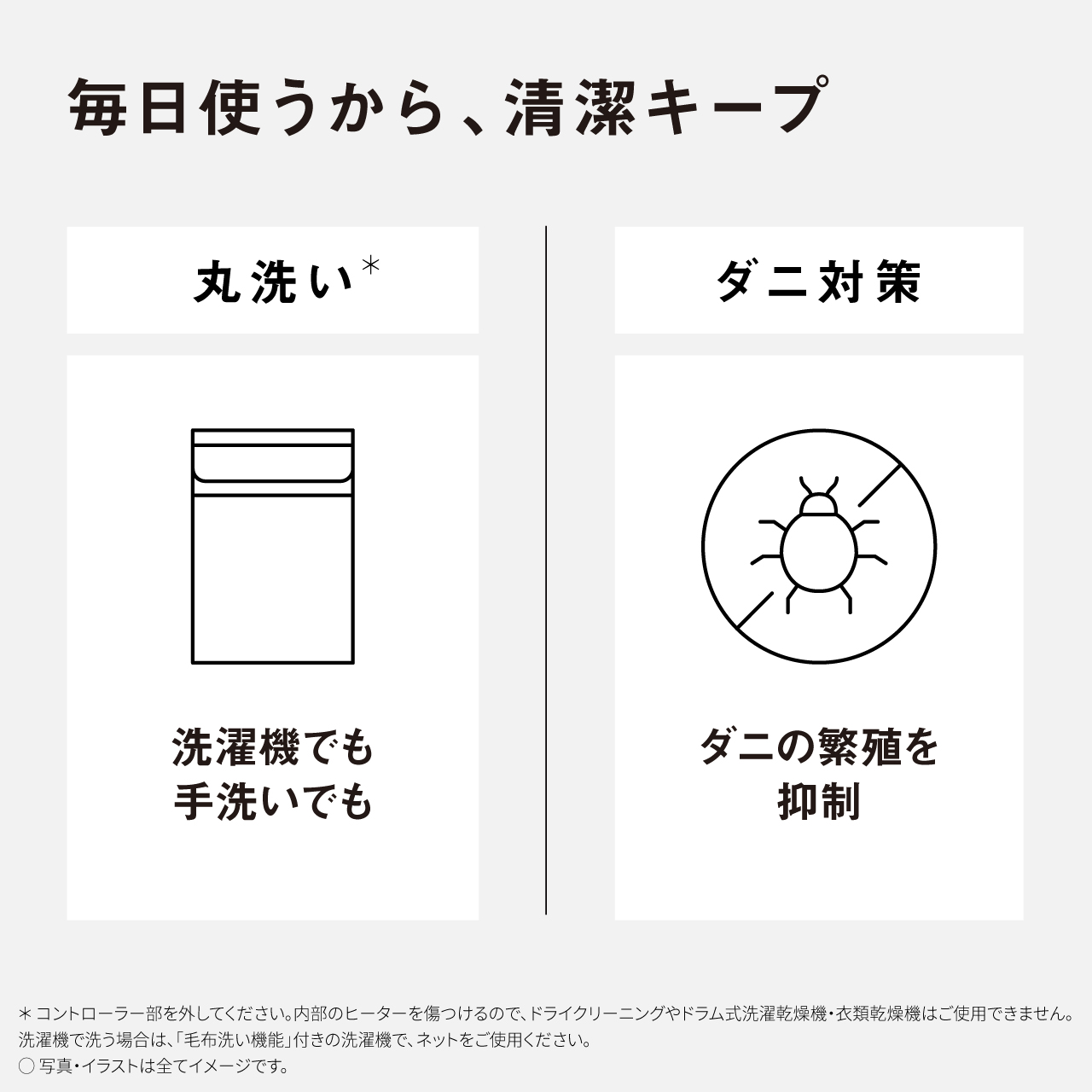 毎日使うから、清潔キープ 丸洗い* ダニ対策 洗濯機でも 手洗いでも ダニの繁殖を抑制 ＊コントローラー部を外してください。内部のヒーターを傷つけるので、ドライクリーニングやドラム式洗濯乾燥機・衣類乾燥機はご使用できません。 洗濯機で洗う場合は、「毛布洗い機能」付きの洗濯機で、ネットをご使用ください。 〇写真・イラストは全てイメージです。