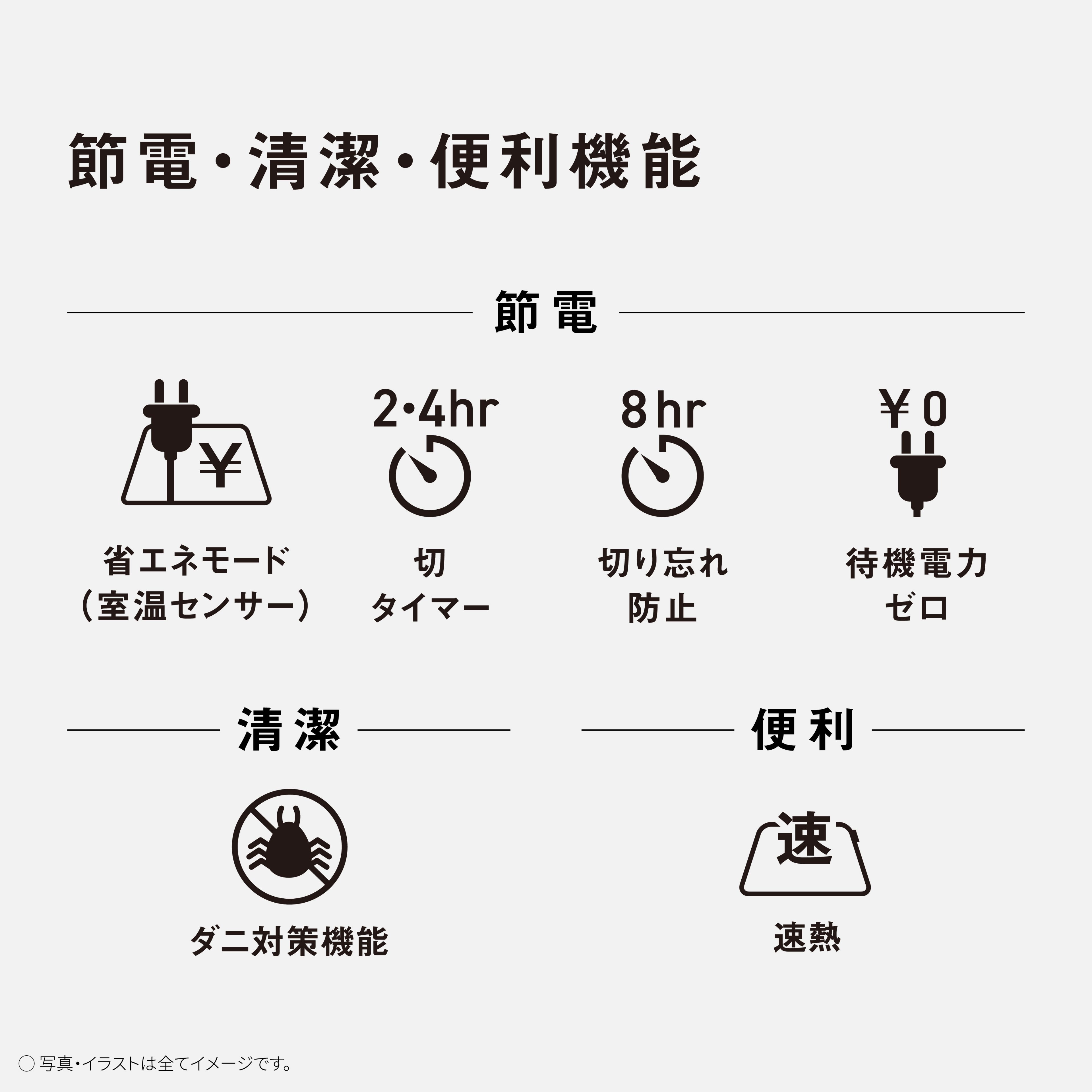 節電・清潔・便利機能　節電　省エネモード（室温センサー）　切タイマー　切り忘れ防止　待機電力ゼロ　清潔　ダニ対策機能　便利　速熱