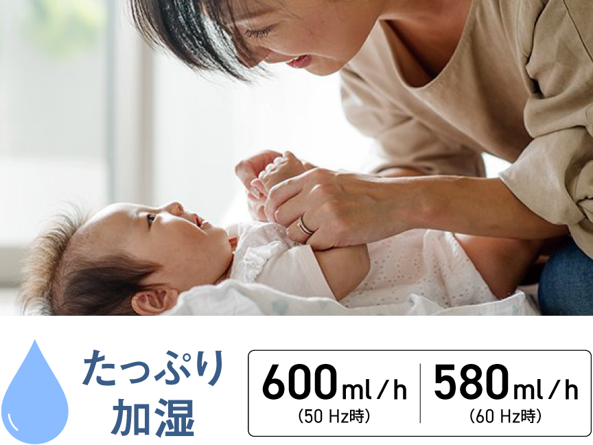 たっぷり加湿 600mL/h（50Hz時） 580mL/h（60Hz時）