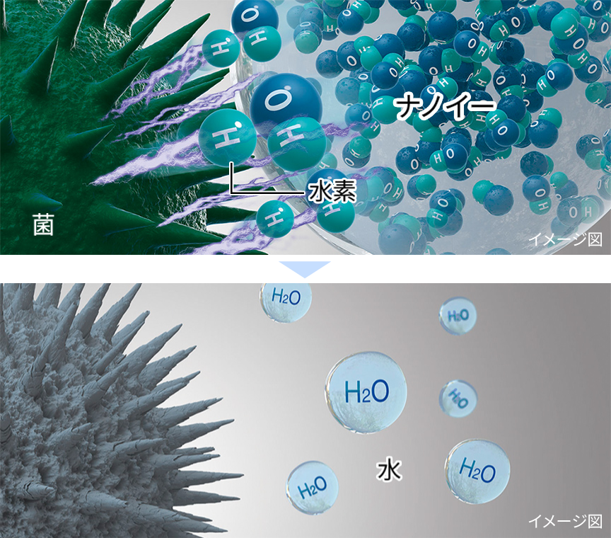OHラジカルが菌の水素を抜きとっている様子のイメージ図