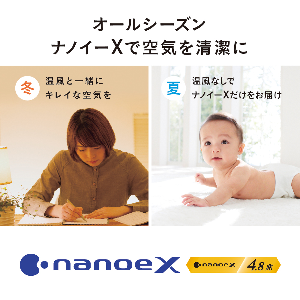 オールシーズンナノイーXで空気を清潔に　冬 温風と一緒にキレイな空気を　夏 温風なしでナノイーXだけをお届け　nonoeX nonoeX4.8兆