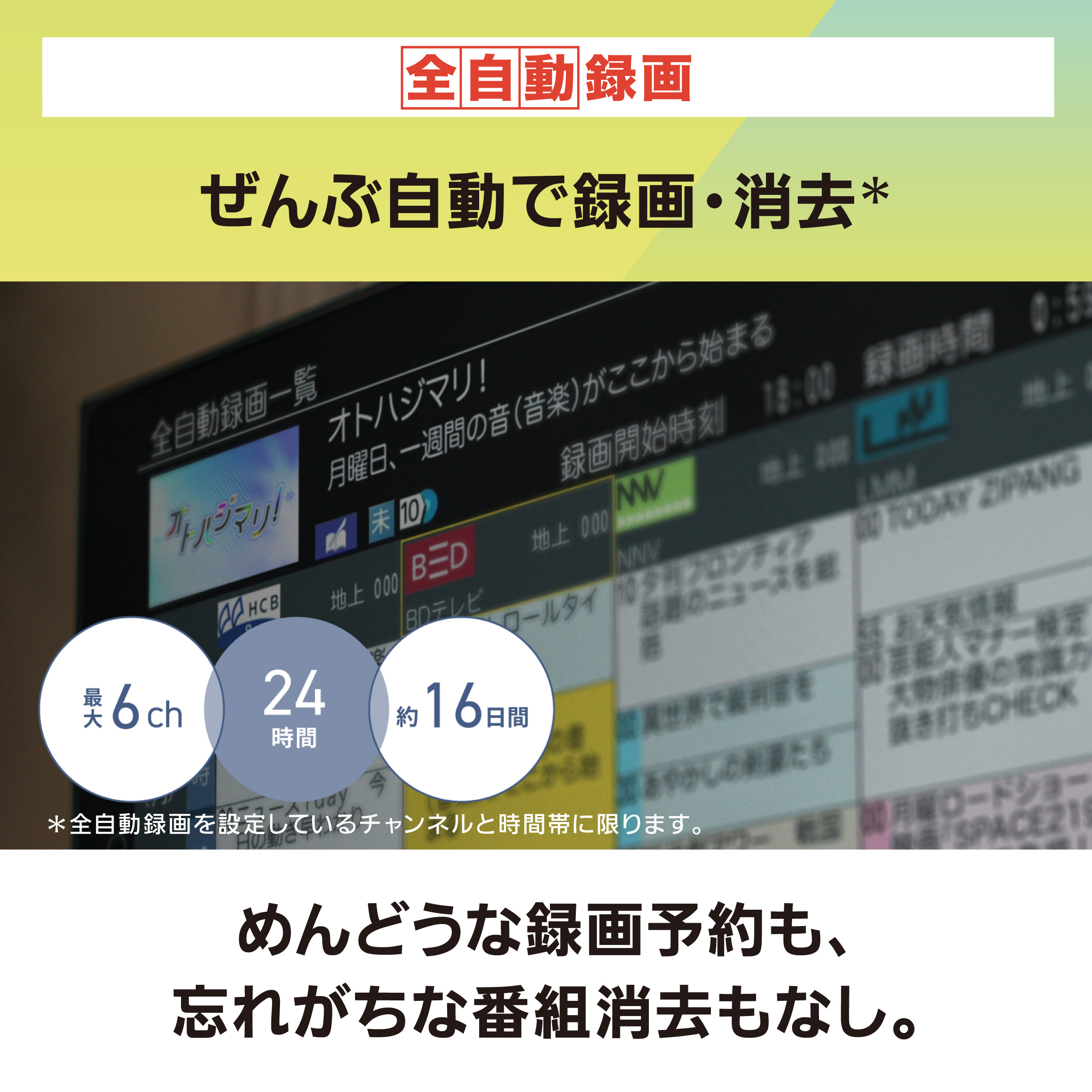 画像：全自動録画 ぜんぶ自動で録画・消去,最大6ch×約16日間,めんどうな録画予約も忘れがちな番組消去もなし。