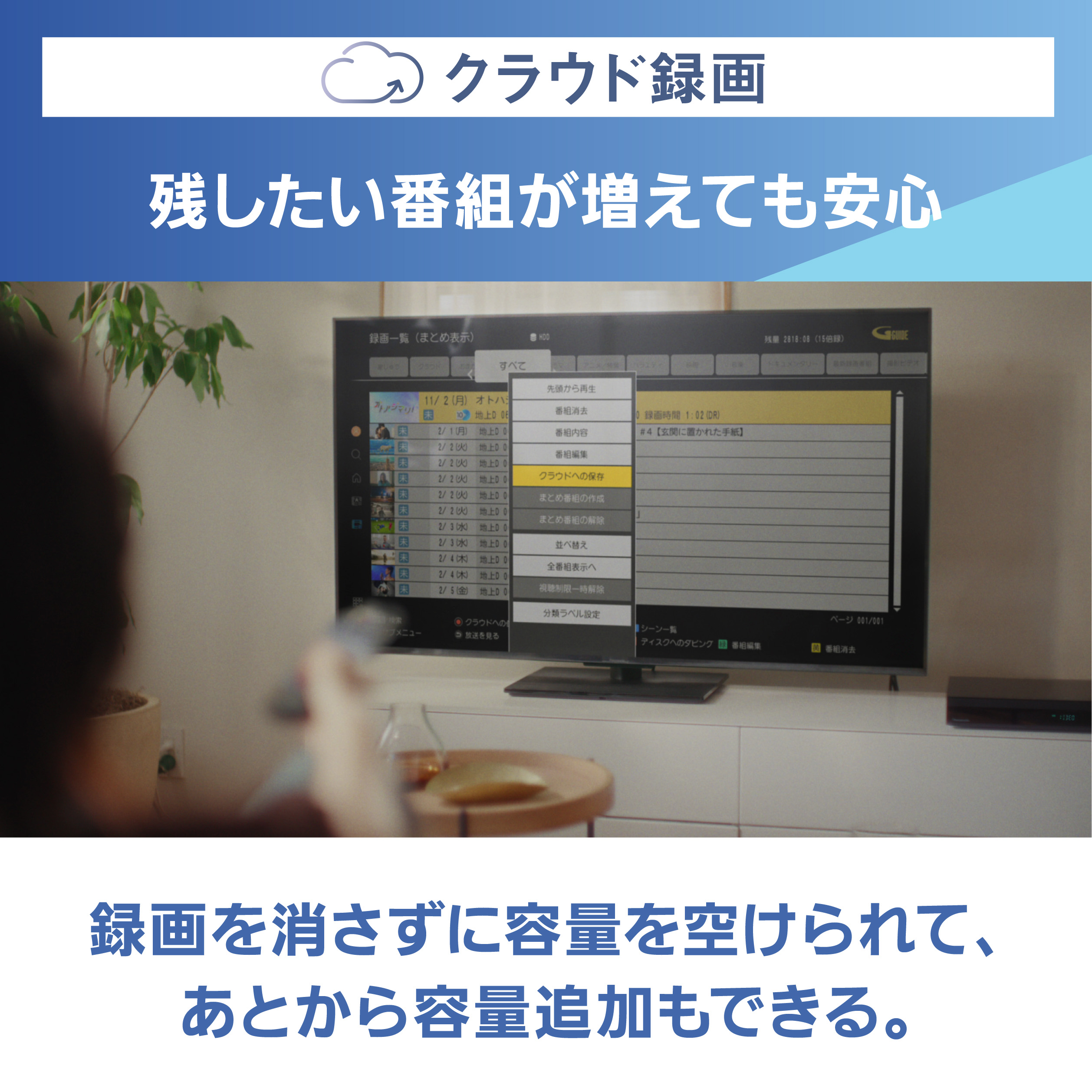 画像：クラウド録画,残したい番組が増えても安心,録画を消さずに容量を空けられて、あとから容量追加もできる。