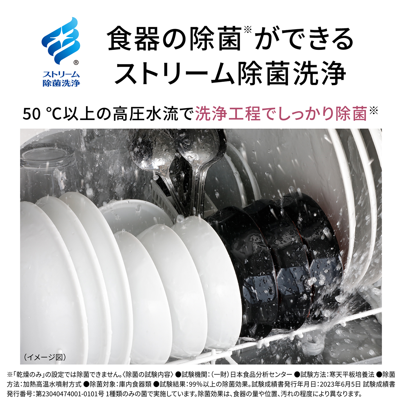 食器の除菌※ができるストリーム除菌洗浄。50℃以上の高圧水流で洗浄工程でしっかり除菌※。 （イメージ図） ※「乾燥のみ」の設定では除菌できません〈除菌の試験内容〉試験機関：（一財）日本食品分析センター。試験方法：寒天平板培養法。除菌方法：加熱高温水噴射方式。除菌対象：庫内食器類。試験結果：99%以上の除菌効果。試験成績書発行年月日：2023年6月5日。試験成績書発行番号：第23040474001-0101号。1種類のみの菌で実施しています。除菌効果は、食器の量や位置、汚れの程度により異なります。