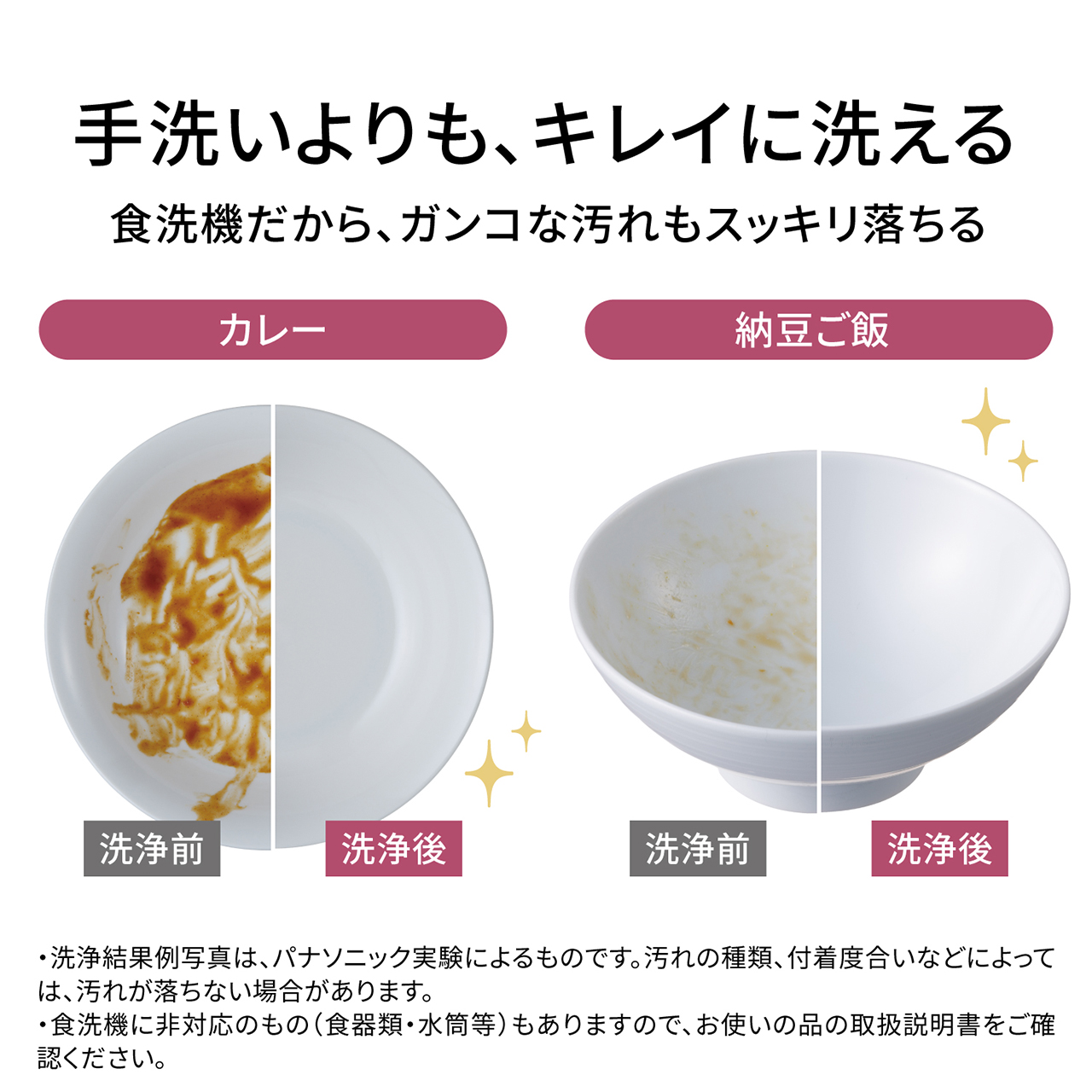 手洗いよりも、キレイに洗える。食洗機だから、ガンコな汚れもスッキリ落ちる カレー・納豆ご飯 洗浄前 → 洗浄後 ・洗浄結果例写真は、パナソニック実験によるものです。汚れの種類、付着度合いなどによっては、汚れが落ちない場合があります。 ・食洗機に非対応のもの（食器類・水筒等）もありますので、お使いの品の取扱説明書をご確認ください。