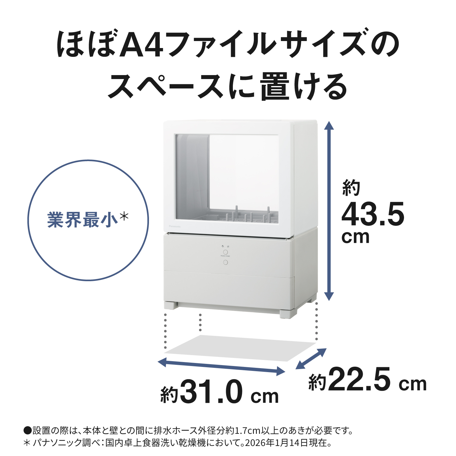 ほぼA4ファイルサイズのスペースに置ける 業界最小＊　高さ：約43.5cm　奥行：約22.5cm　幅：約31.0cm　設置の際は、本体と壁との間に排水ホース外径約1.7cm以上のあきが必要です。　＊パナソニック調べ：国内卓上食器洗い乾燥機において。2026年1月14日現在。
