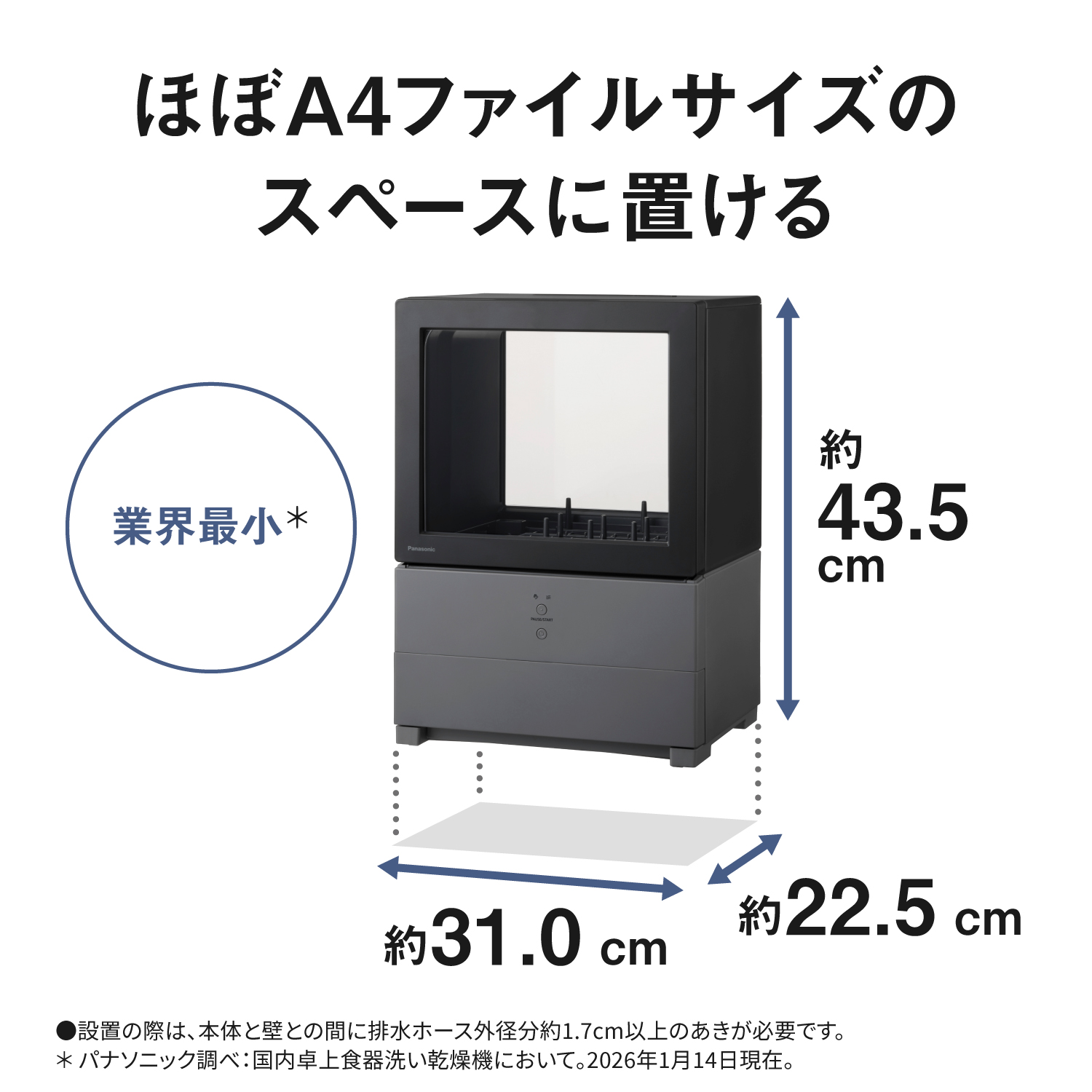 ほぼA4ファイルサイズのスペースに置ける 業界最小＊　高さ：約43.5cm　奥行：約22.5cm　幅：約31.0cm　設置の際は、本体と壁との間に排水ホース外径約1.7cm以上のあきが必要です。　＊パナソニック調べ：国内卓上食器洗い乾燥機において。2026年1月14日現在。