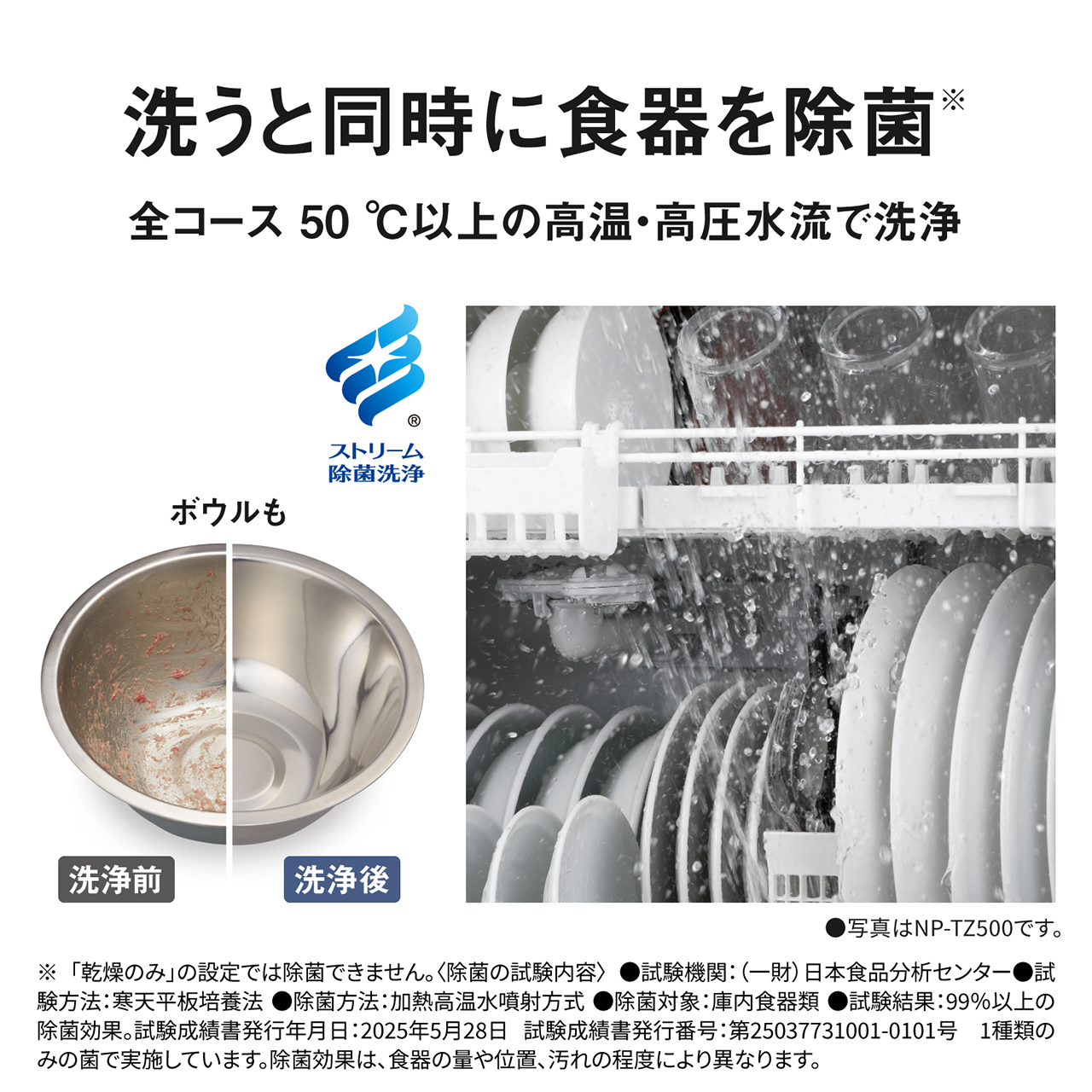 洗うと同時に食器を除菌※。全コース50℃以上の高温・高圧水流で洗浄。ストリーム除菌洗浄。ボウルも。洗浄前／洗浄後。※「乾燥のみ」の設定では除菌できません【除菌の試験内容】試験機関：（一財）日本食品分析センター。試験方法：寒天平板培養法。除菌方法：加熱高温水噴射方式 。除菌対象：庫内食器類。試験結果：99%以上の除菌効果。試験成績発行年月日：2025年5月28日 試験成績書発行番号：第25037731001-0101号。1種類のみの菌で実施しています。除菌効果は、食器の量や位置、汚れの程度により異なります。写真はNP-TZ500です。