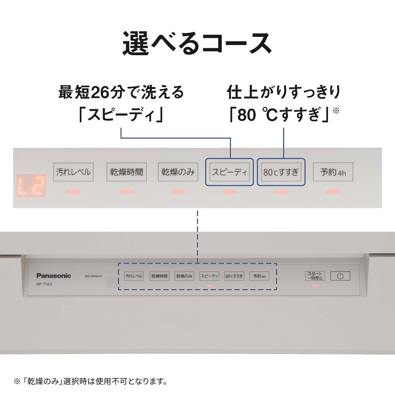 選べるコース。最短26分で洗える「スピーディ」。仕上がりすっきり「80℃すすぎ」。※「乾燥のみ」選択時は使用不可となります。