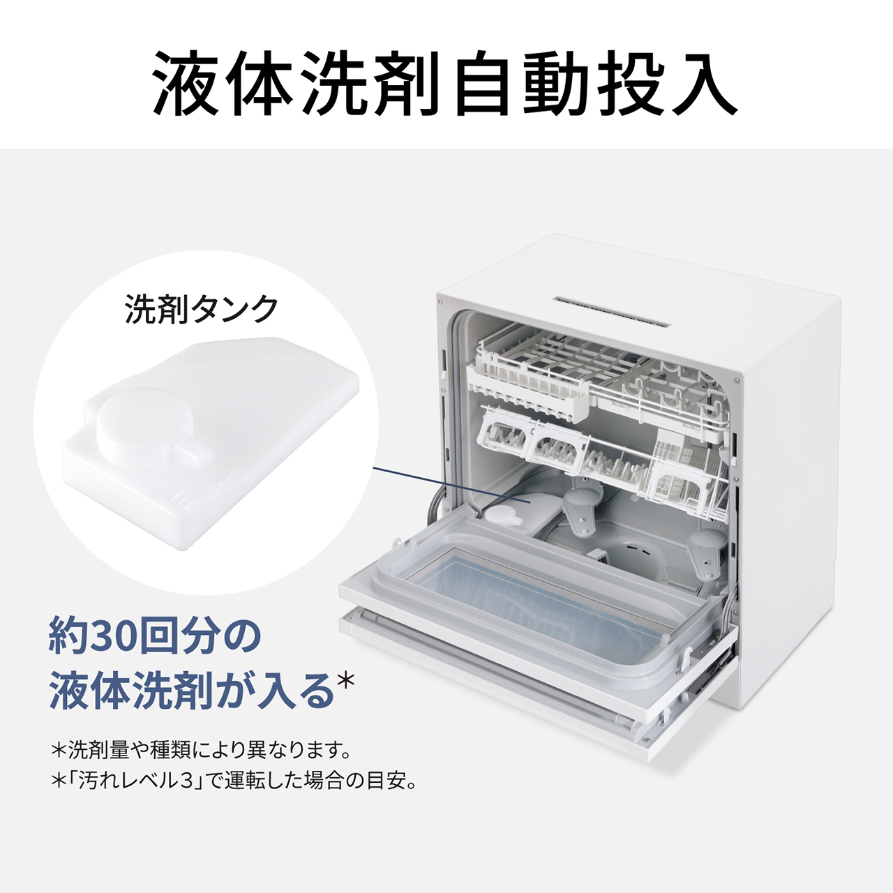 液体洗剤自動投入。洗剤タンク。約30回分の液体洗剤が入る＊。＊洗剤量や種類により異なります。＊「汚れレベル3」で運転した場合の目安。