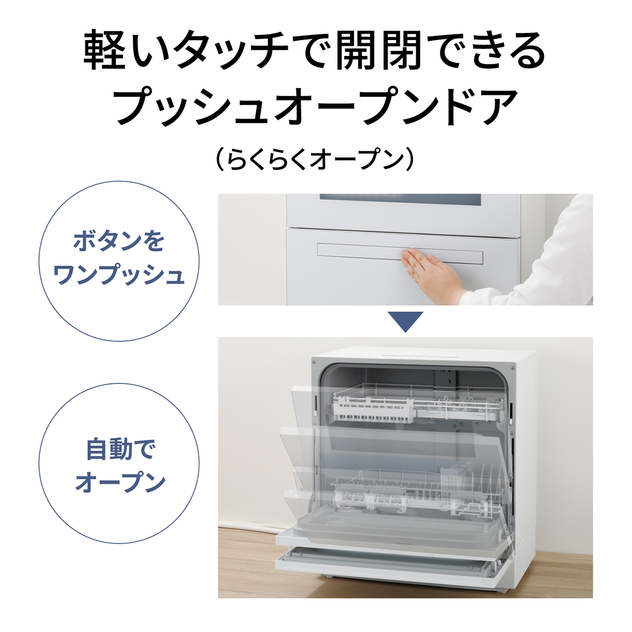 軽いタッチで開閉できるプッシュオープンドア（らくらくオープン）。ボタンをワンプッシュ→自動でオープン