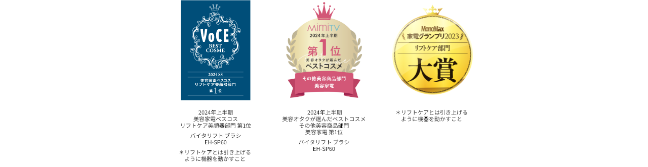 受賞ロゴ：VVOCE2024年上半期版美容家電ベスコスフェイシャル部門1位, MimiTV2024年上半期第1位, MonoMax家電グランプリ2023リフトケア部門大賞