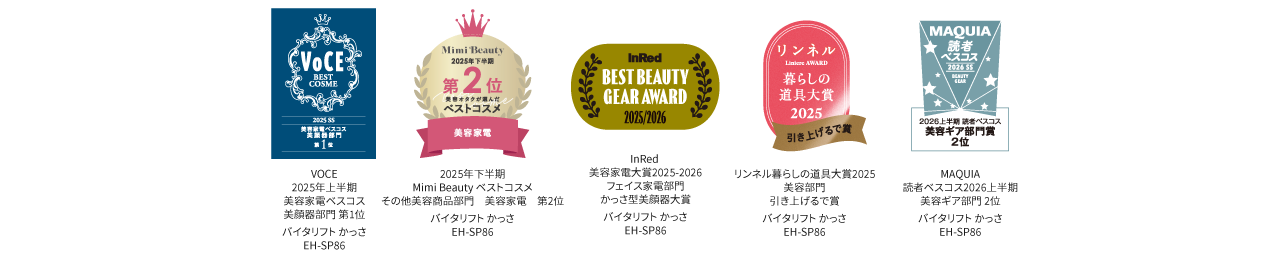 ベストコスメ：VoCE 2025 SS 美容家電ベスコス美顔器部門第1位, Mini Beauty 2025年下半期ベストコスメその他美容商品部門 美容家電第2位, InRed 美容家電大賞2025-2026​  フェイス家電部門​ かっさ型美顔器大賞  バイタリフト かっさ EH-SP86, リンネル暮らしの道具大賞2025　 美容部門　 引き上げるで賞　MAQUIA 読者ベスコス2026上半期 美容ギア部門 2位　バイタリフト かっさ EH-SP86