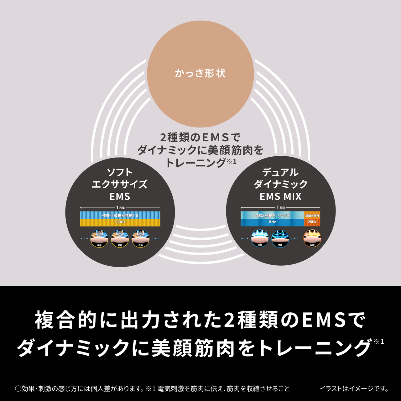 かっさ形状2種類のEMSで ダイナミックに美顔筋肉を トレーニング※1 ソフト エクササイズ EMS デュアル ダイナミック EMS MIX 1秒間 使用中 収縮が持続する 100Hz 1秒間 収縮と弛緩をくりかえす5Hz 収縮が持続する25Hz  複合的に出力された2種類のEMSで ダイナミックに美顔筋肉をトレーニング ※1 ○効果・刺激の感じ方には個人差があります 。※1電気刺激を筋肉に伝え、筋肉を収縮させること イラストはイメージです。