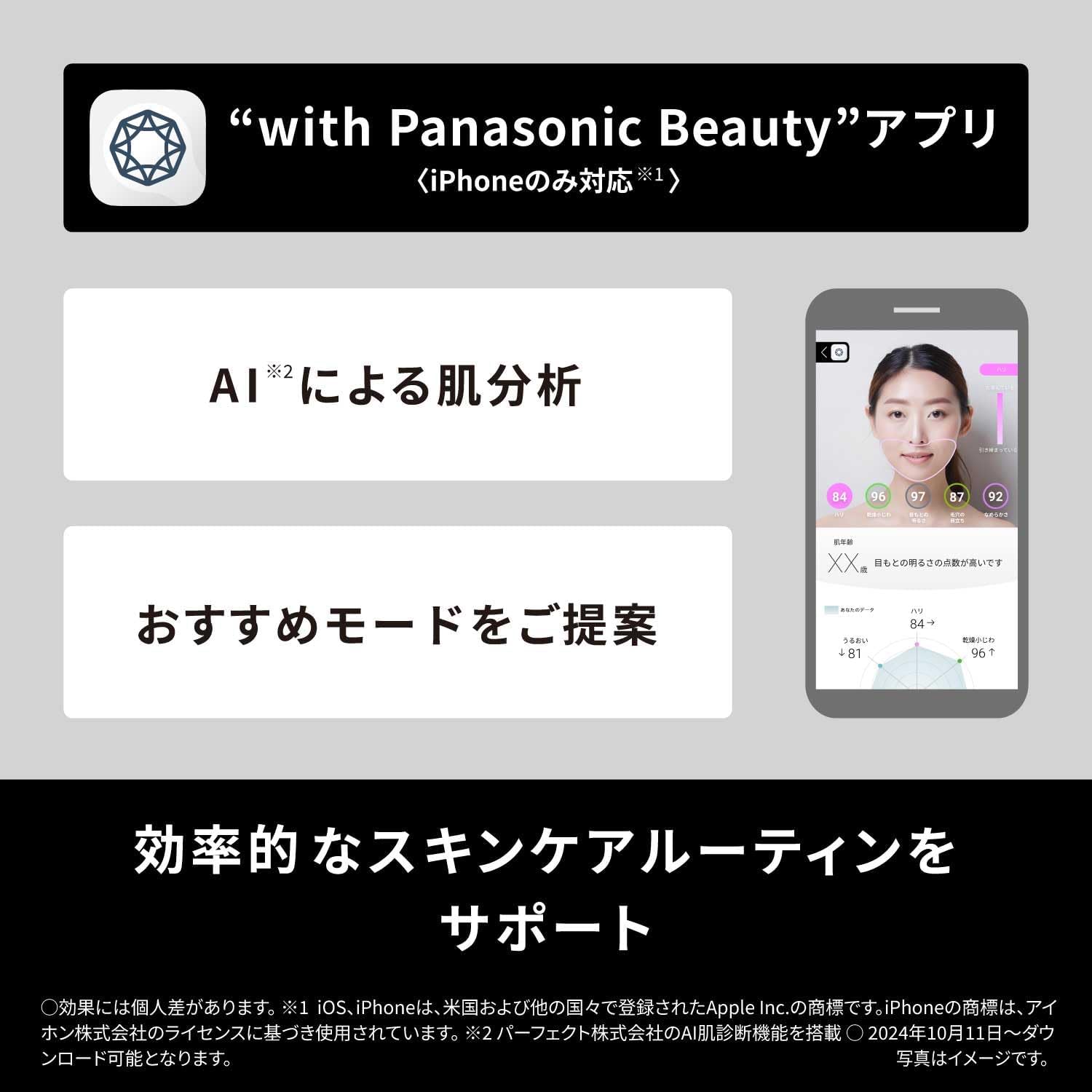 "with Panasonic Beauty" アプリ 〈iPhoneのみ対応※1〉  AI※2による肌分析 おすすめモードをご提案 効率的なスキンケアルーティンを サポート ○効果には個人差があります 。※1 iOS、iPhoneは、米国および他の国々で登録されたApple Inc.の商標です。iPhoneの商標は、アイホン株式会社のライセンスに基づき使用されています 。※2パーフェクト株式会社のAI肌診断機能を搭載 ・2024年10月11日～ダウンロード可能となります。写真はイメージです。