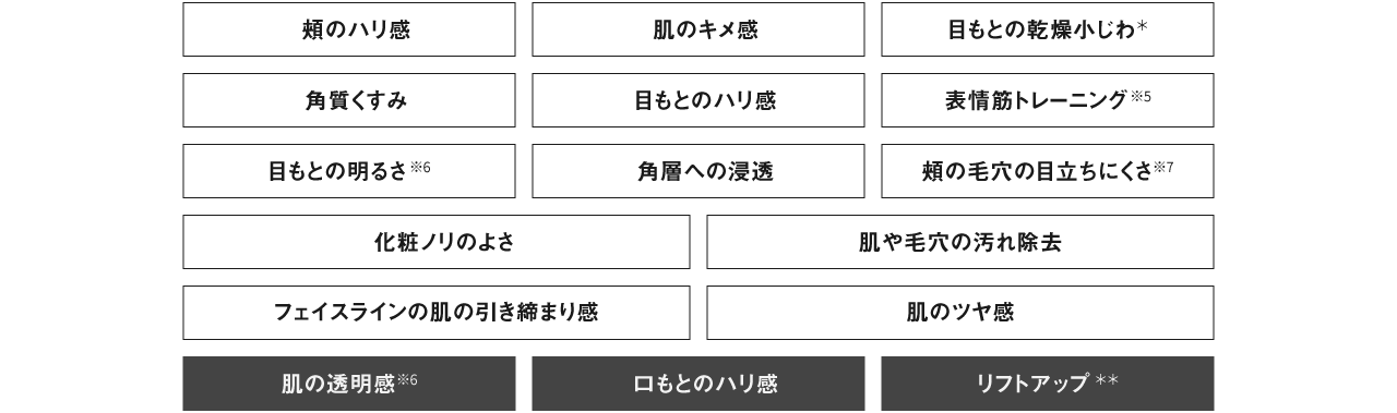 頬のハリ感,肌のキメ感,目もとの乾燥小じわ＊,角質くすみ,目もとのハリ感,表情筋トレーニング※5,目もとの明るさ※6,角層への浸透,頬の毛穴の目立ちにくさ※7,化粧ノリのよさ,肌や毛穴の汚れ除去,フェイスラインの肌の引き締まり感,肌のツヤ感,肌の透明感※6,口もとのハリ感,リフトアップ＊＊