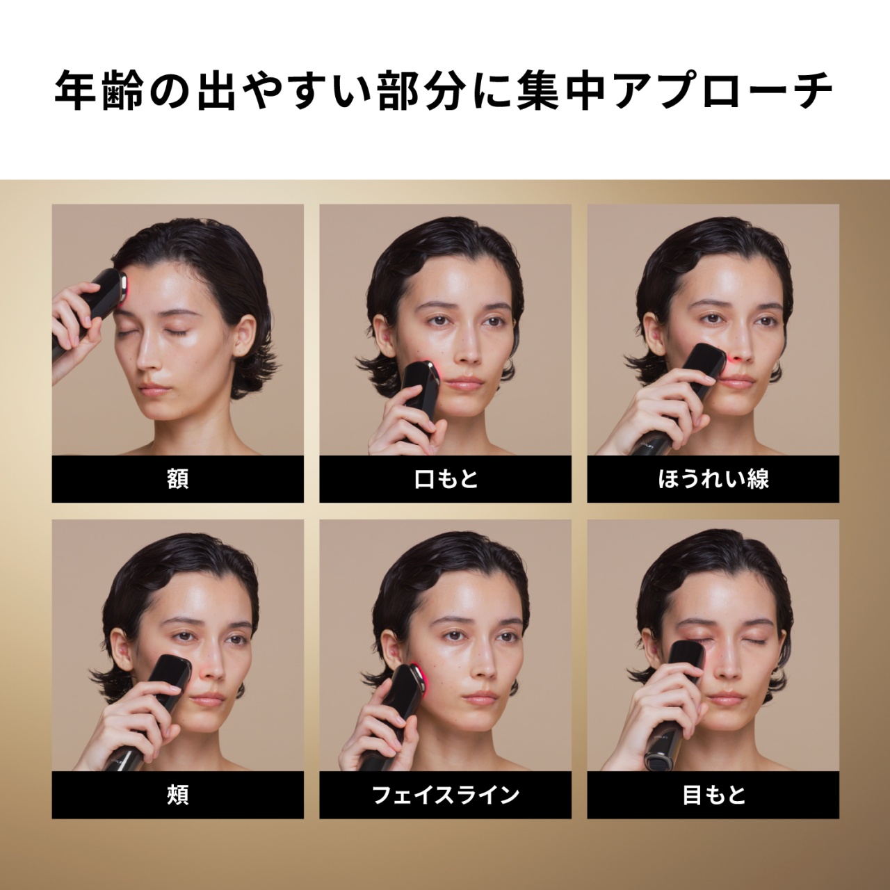 年齢の出やすい部分に集中アプローチ　額　口もと　ほうれい線　頬　フェイスライン　目もと