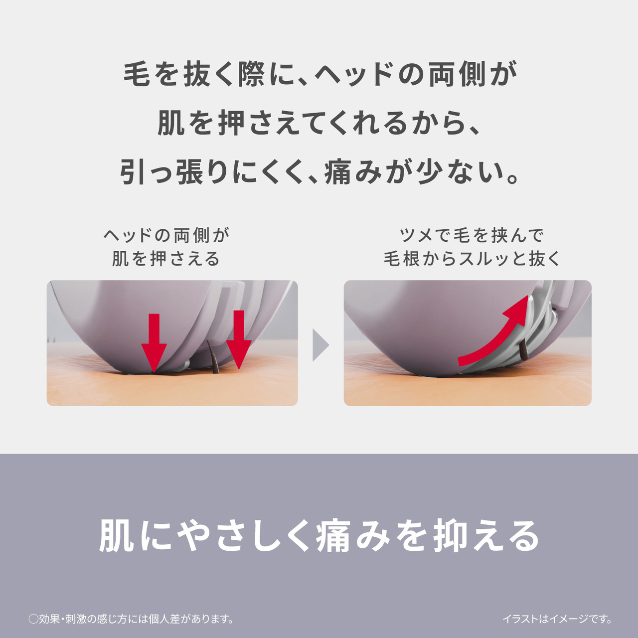 毛を抜く際に、ヘッドの両側が肌を押さえてくれるから、 引っ張りにくく、痛みが少ない。 ヘッドの両側が肌を押さえる ツメで毛を挟んで毛根からスルッと抜く 肌にやさしく痛みを抑える ○効果・刺激の感じ方には個人差があります。 イラストはイメージです。