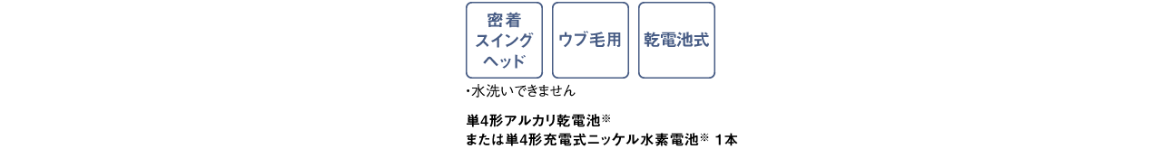密着スイングヘッド,ウブ毛用,充電式電池※使用可能,・水洗いできません　単4形アルカリ乾電池または単4形充電式ニッケル水素電池 ＊パナソニック製をおすすめします