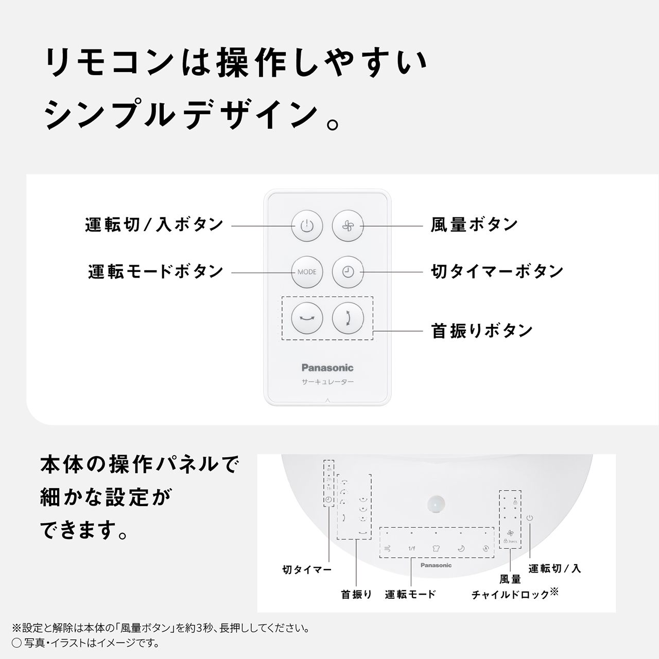 リモコンは操作しやすいシンプルデザイン。　本体の操作パネルで細かな設定ができます。　※設定と解除は本体の「風量ボタン」を約3秒、長押ししてください。