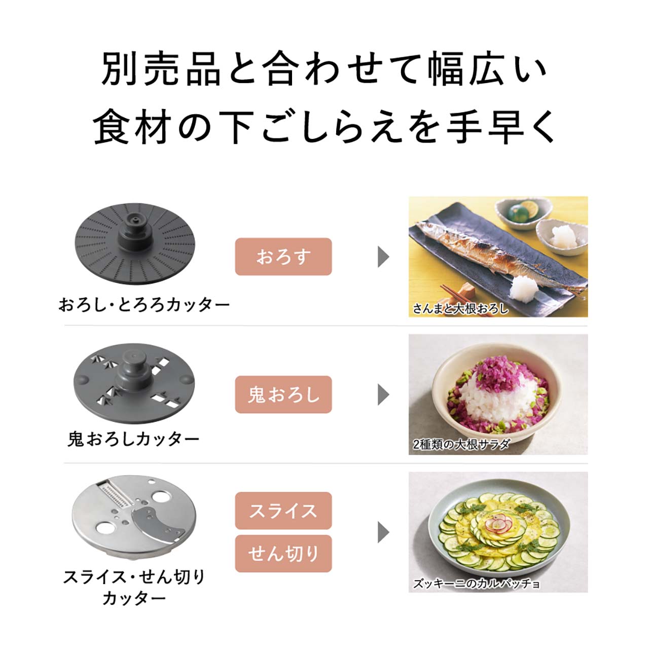 別売品と合わせて幅広い食材の下ごしらえを手早く。おろし・とろろカッター：おろす 写真：さんまと大根おろし 鬼おろしカッター：鬼おろし 写真：2種類の大根サラダ スライス・せん切りカッター：スライス,せん切り 写真：ズッキーニのカルパッチョ