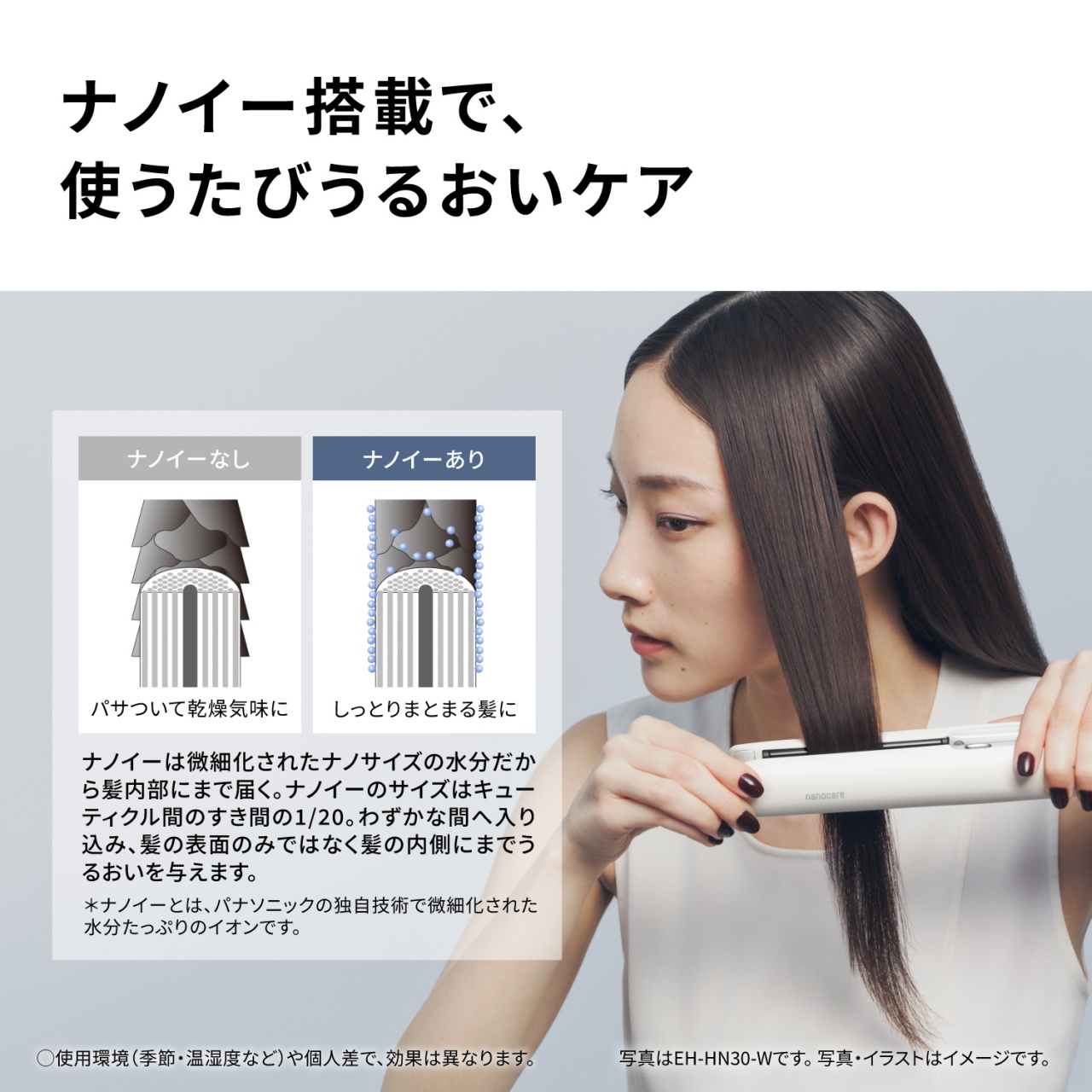 ナノイー搭載で、使うたびうるおいケア　【ナノイーなし】パサついて乾燥気味に　【ナノイーあり】しっとりまとまる髪に　ナノイーは微細化されたナノサイズの水分だから髪内部にまで届く。ナノイーのサイズはキューティクル間のすき間の1/20。わずかな間へ入り込み、髪の表面のみではなく髪の内側にまでうるおいを与えます。＊ナノイーとは、パナソニックの独自技術で微細化された水分たっぷりのイオンです。　○使用環境(季節・温湿度など)や個人差で、効果は異なります。 写真はEH-HN30-Wです。写真・イラストはイメージです。