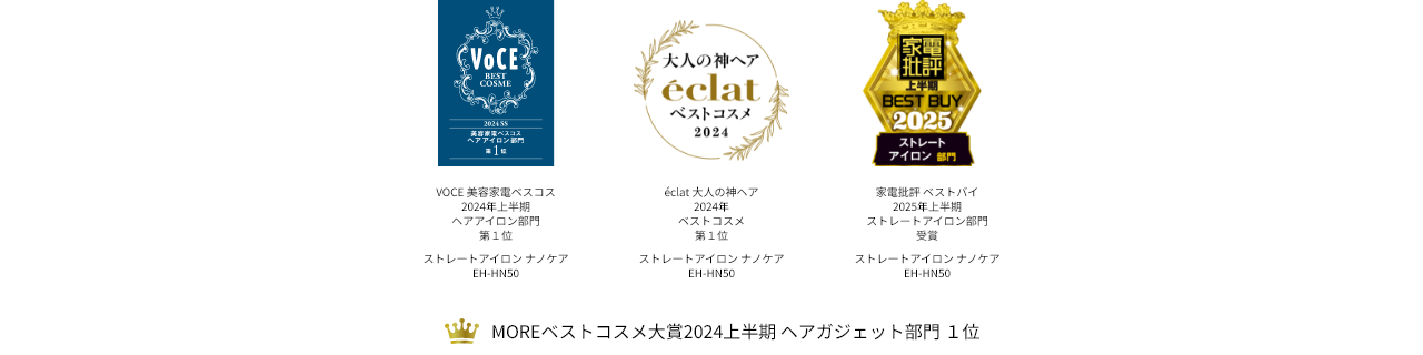 ストレートアイロン ナノケア EH-HN50　　VoCE 美容家電ベスコス 2024年上半期 ヘアアイロン部門 第1位　éclat 大人の神ヘア 2024年 ベストコスメ　第1位　家電批評 ベストバイ 2025年上半期 ストレートアイロン部門 受賞　MOREベストコスメ大賞 2024上半期 ヘアガジェット部門1位