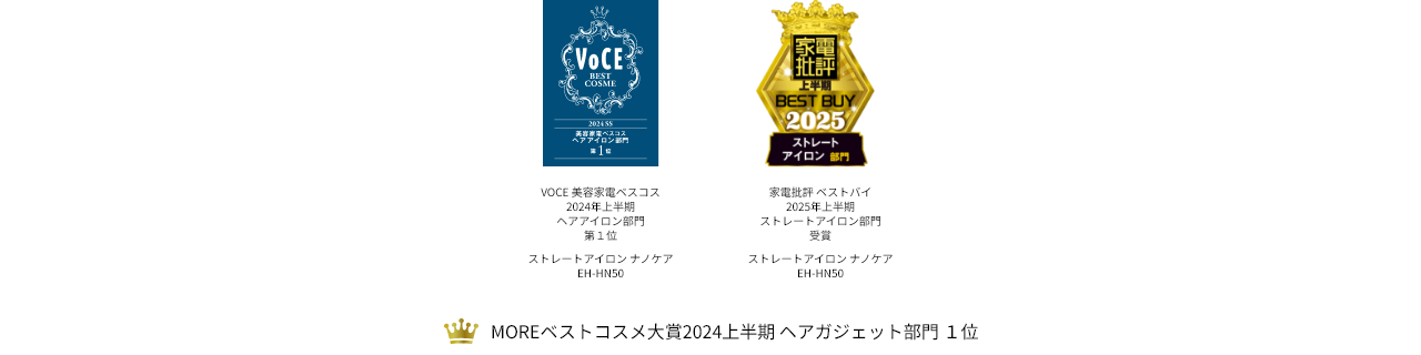ストレートアイロン ナノケア EH-HN50　VoCE 美容家電ベスコス 2024年上半期 ヘアアイロン部門 第1位　家電批評 ベストバイ 2025年上半期 ストレートアイロン部門 受賞　MOREベストコスメ大賞 2024上半期 ヘアガジェット部門1位