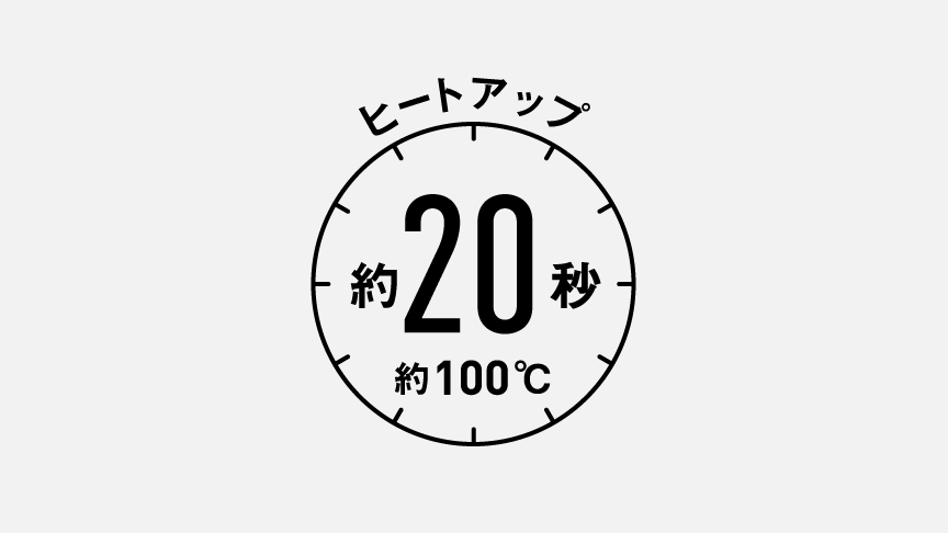 スピーディーな立ち上がり　ヒートアップ約20秒（約100℃）